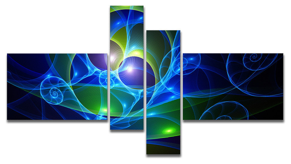 Blue Curly Spiral on Black, Abstract Wall Art Canvas, 60"x32", 4 panels