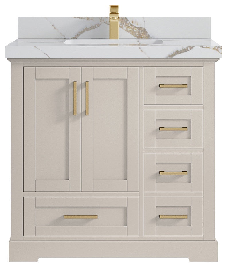 Boston 36" Center Sink Bath Vanity in Fine Grain 2" Calacatta Gold