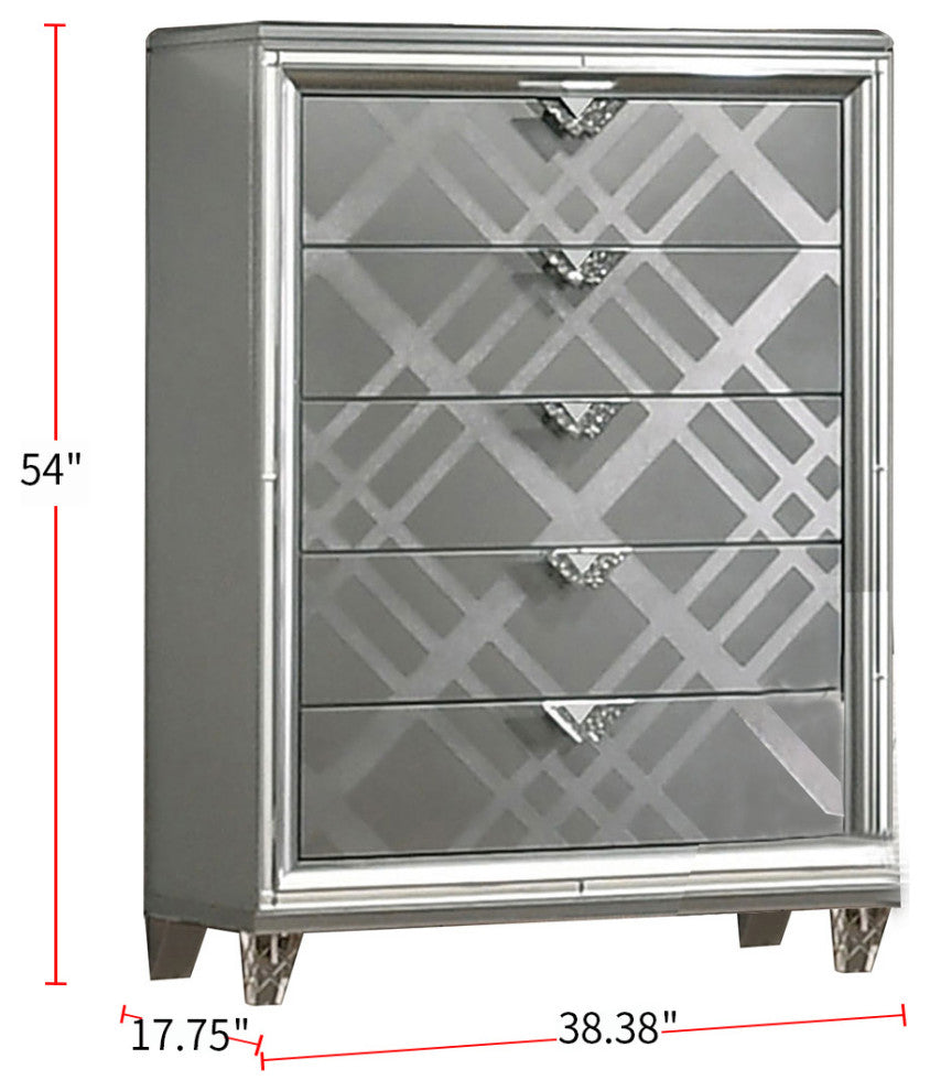 Mirror and Wood Chest with 5 Drawers, Silver