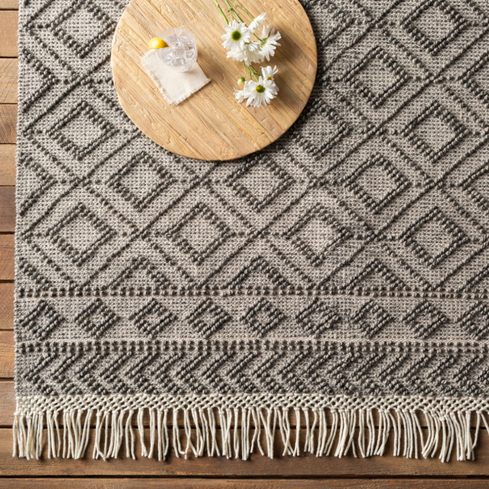 Surya Farmhouse Tassels FTS-2302 Bohemian Area Rug, Black, 3' x 5' Rectangle