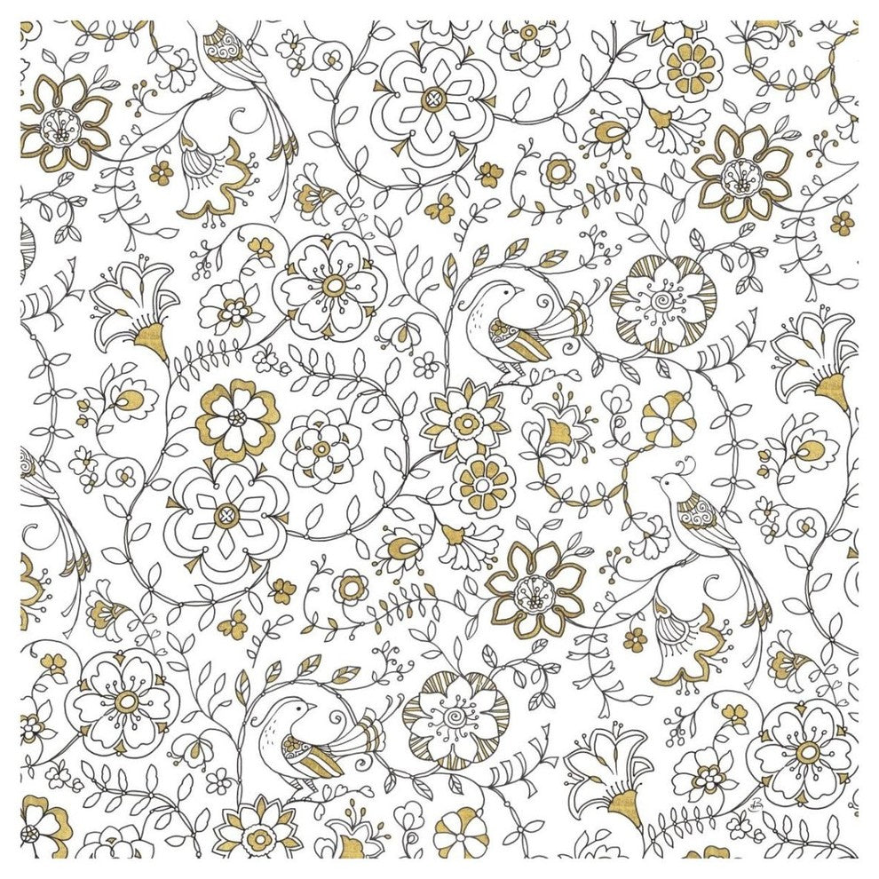 "Color my World Birds Suzanis Pattern Gold" Print by Daphne Brissonnet, 32"x32"