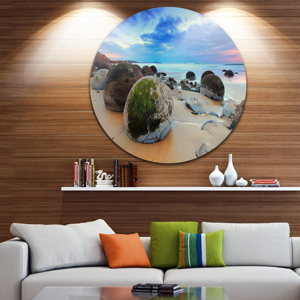 Cloudy Sunrise Over Moeraki Boulders, Seashore Disc Metal Artwork, 11"