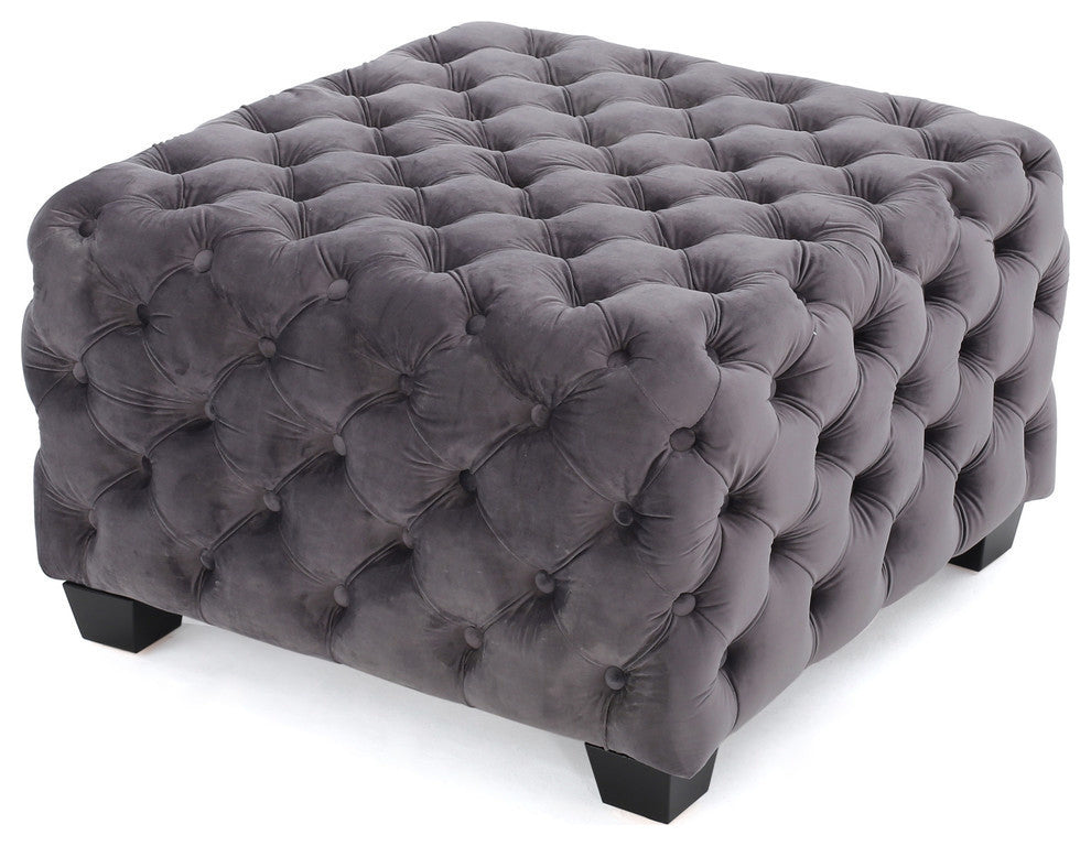 GDF Studio Provence Tufted New Velvet Fabric Ottoman Pouf, Gray