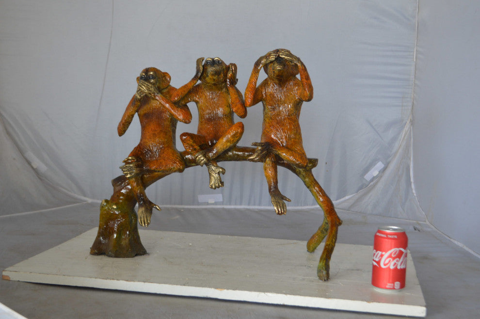 Three wise monkeys on a tree branch bronze statue - Size: 27"L x 11"W x 18"H.