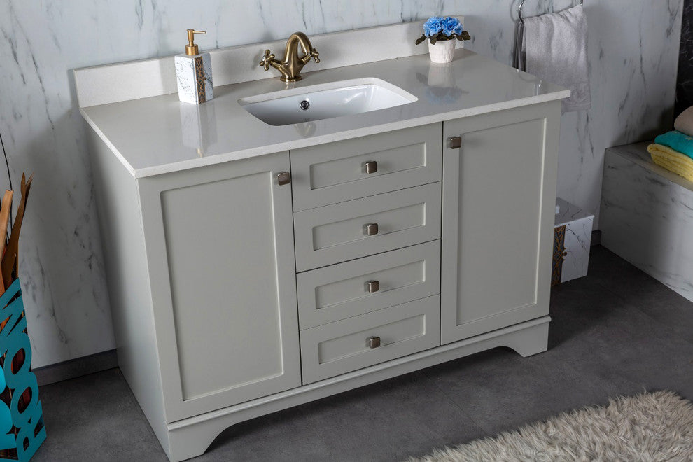 Livia Collection 48" Bath Vanity Quartz Top and Ceramic Sink, Grey, 48"