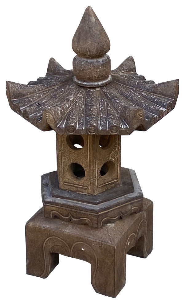 Chinese Gray Brown Hexagon Pagoda Top Stone Lamp Garden Lantern Hcs7376