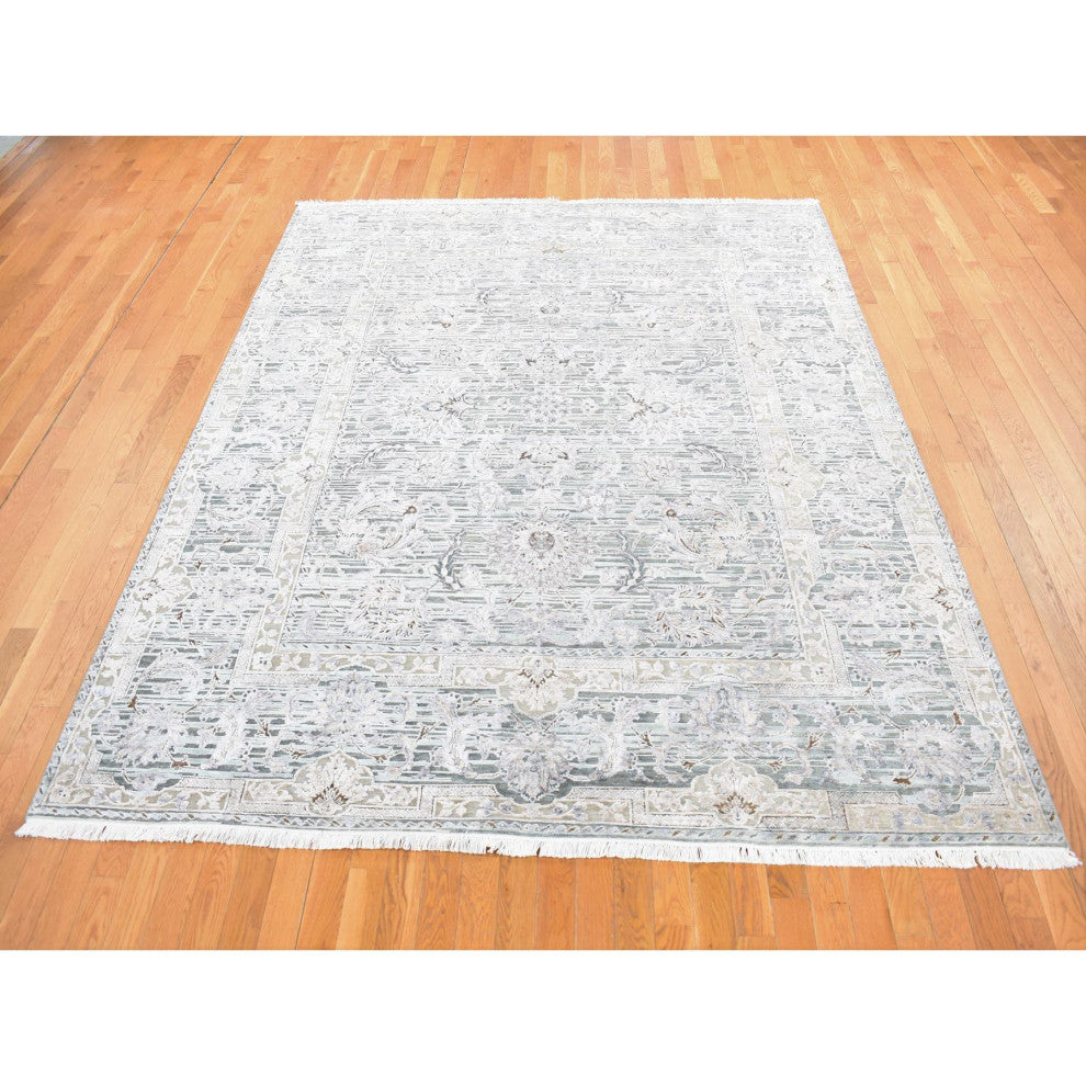 Laurel Green, Mughal Design, Pure Silk Hand Knotted, Oriental Rug, 7'10"x10'2"