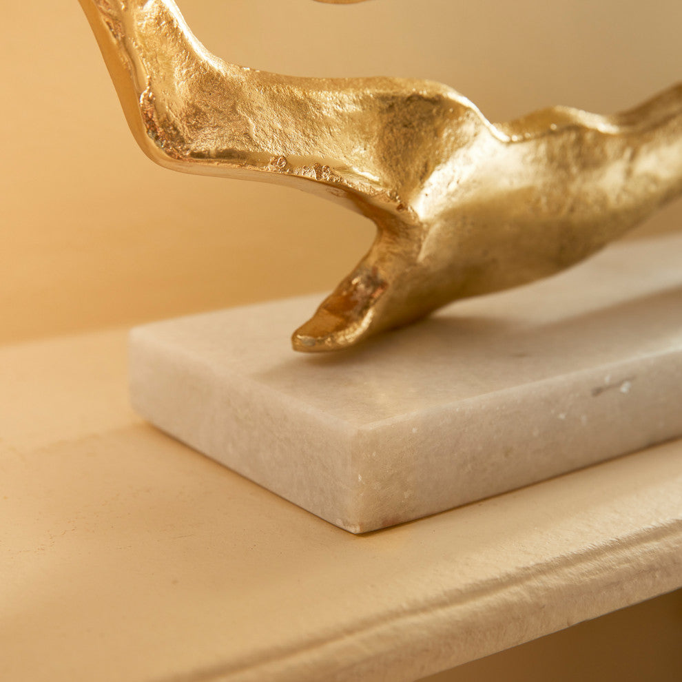 Wide Abstract Driftwood Shape Sculpture Coastal Modern White Marble Gold Metal