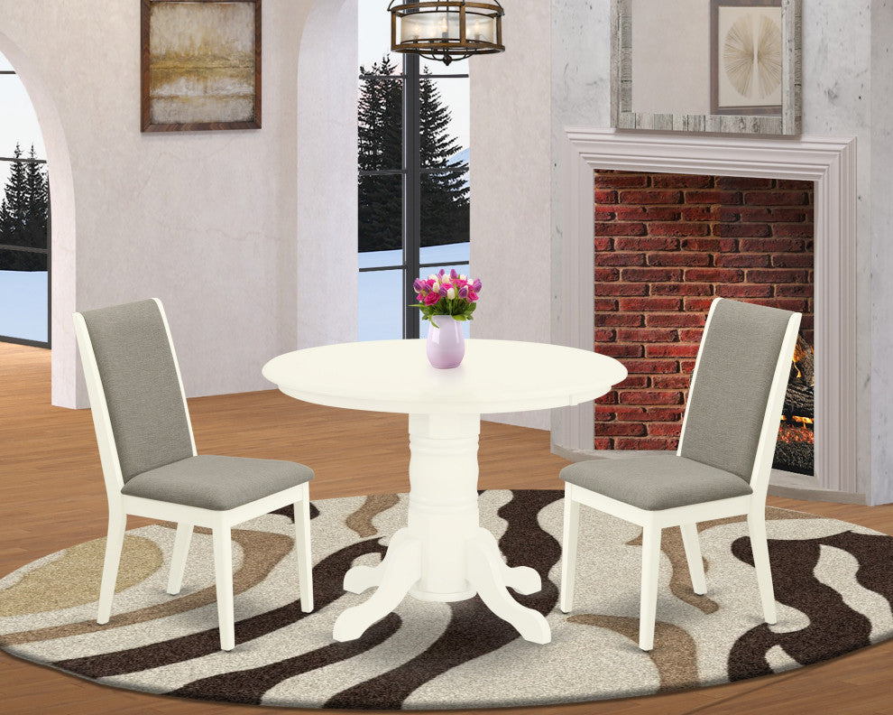 3Pc Wood Dining Set, Round Table, 2 Chairs, Shitake Chairs Seat, Linen White