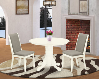 3Pc Wood Dining Set, Round Table, 2 Chairs, Shitake Chairs Seat, Linen White