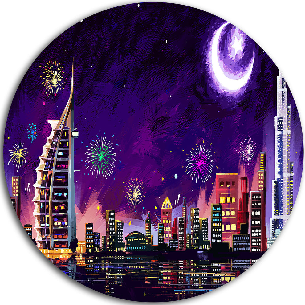 Eid Celebration In Dubai, Cityscape Digital Disc Metal Wall Art, 11"