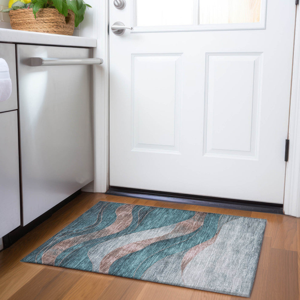 Machine Washable Indoor/Outdoor Chantille ACN1892 Teal 1'8" x 2'6" Rug