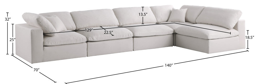 Plush Velvet / Down Standard Comfort L-Shaped Modular Sectional, Cream, 5-Piece: 3 Armless Chair, 2 Corner Chair