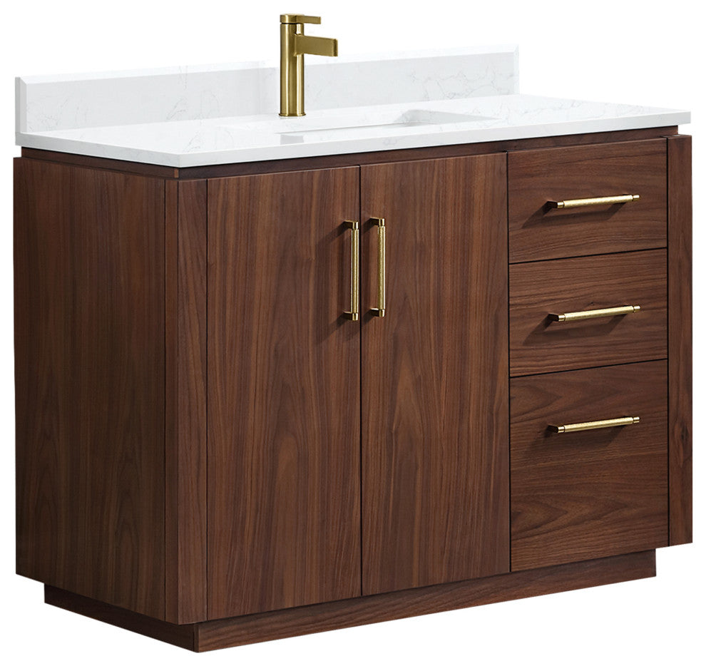 San Bath Vanity with Stone Top, Natural Walnut, 42", Single Vanity, No Mirror