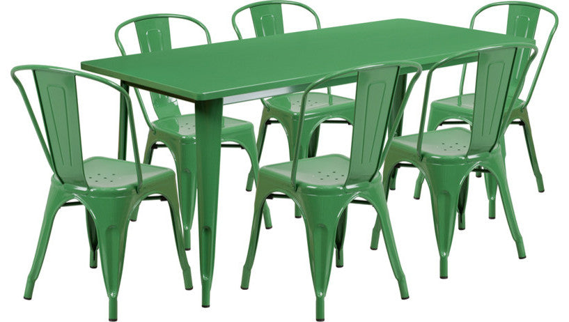 31.5''x63'' Rectangular Metal Indoor Table Set with 6 Stack Chairs, Green