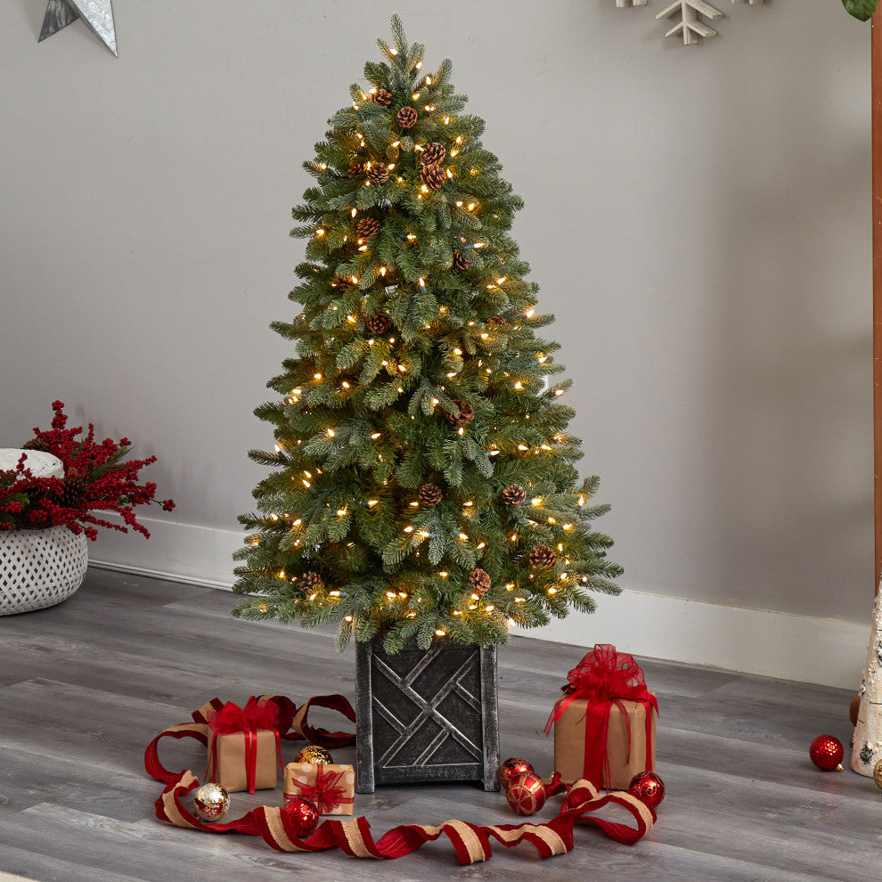 5' Colorado Fir Flocked Faux Xmas Tree W/Lights, Bendable Branches & Pinecones