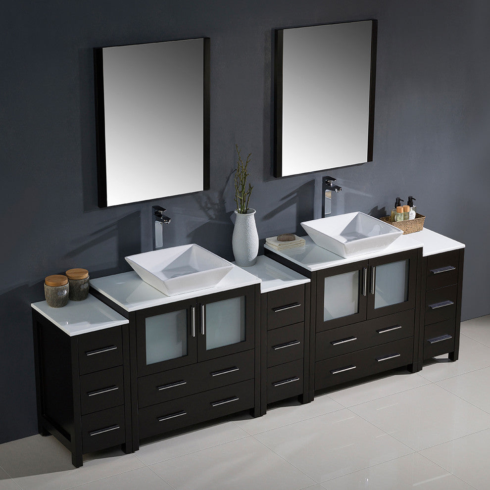 Torino 96" Espresso Modern Double Sink Bathroom Vanity, Faucet FFT9152CH