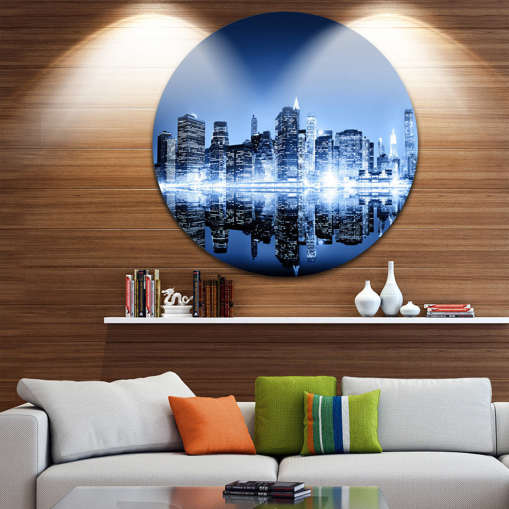 Night New York City Mirrored, Cityscape Disc Metal Artwork, 11"