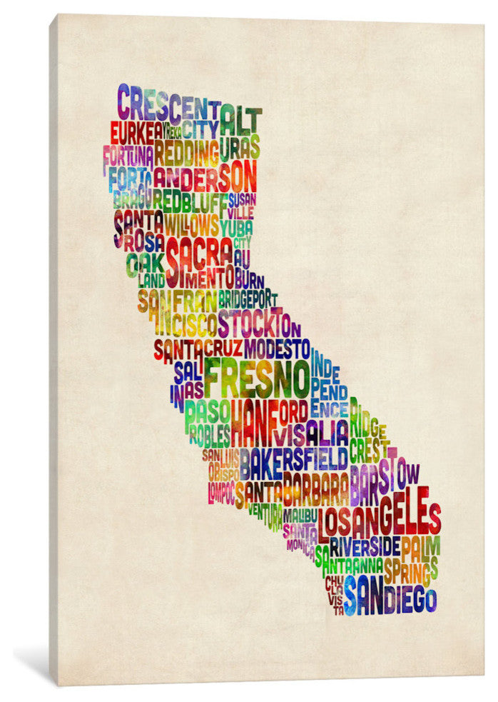 "California Typography Text Map" Wrapped Canvas Print, 18x12x1.5