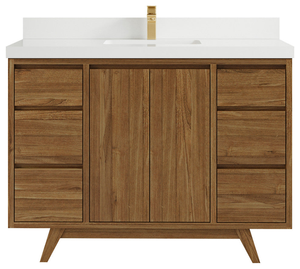 Madison Teak 48 Single Sink Bath Vanity in Dark Natural 2" White Quartz