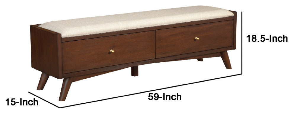Benzara BM283855 59" 2 Drawer Accent Bench, Beige Seat Wood, Walnut Brown