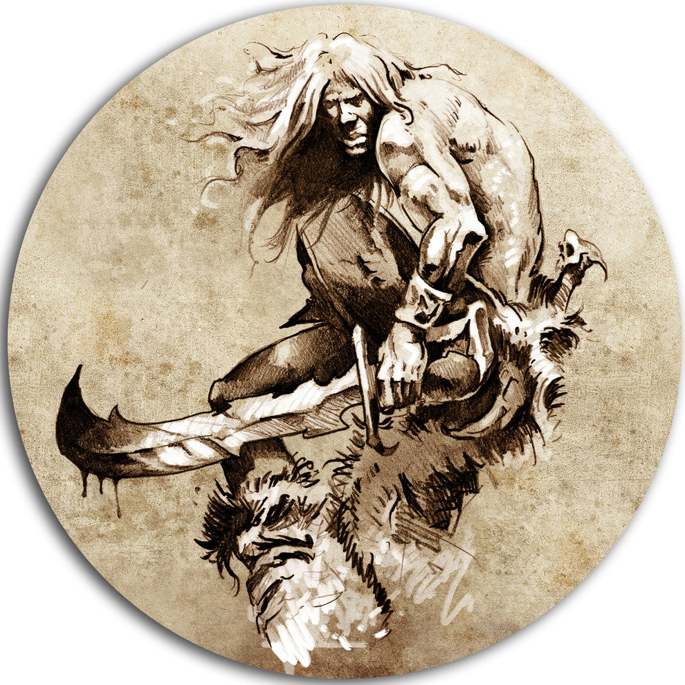 Warrior Fighting Tattoo Art, Portrait Digital Disc Metal Artwork, 38"