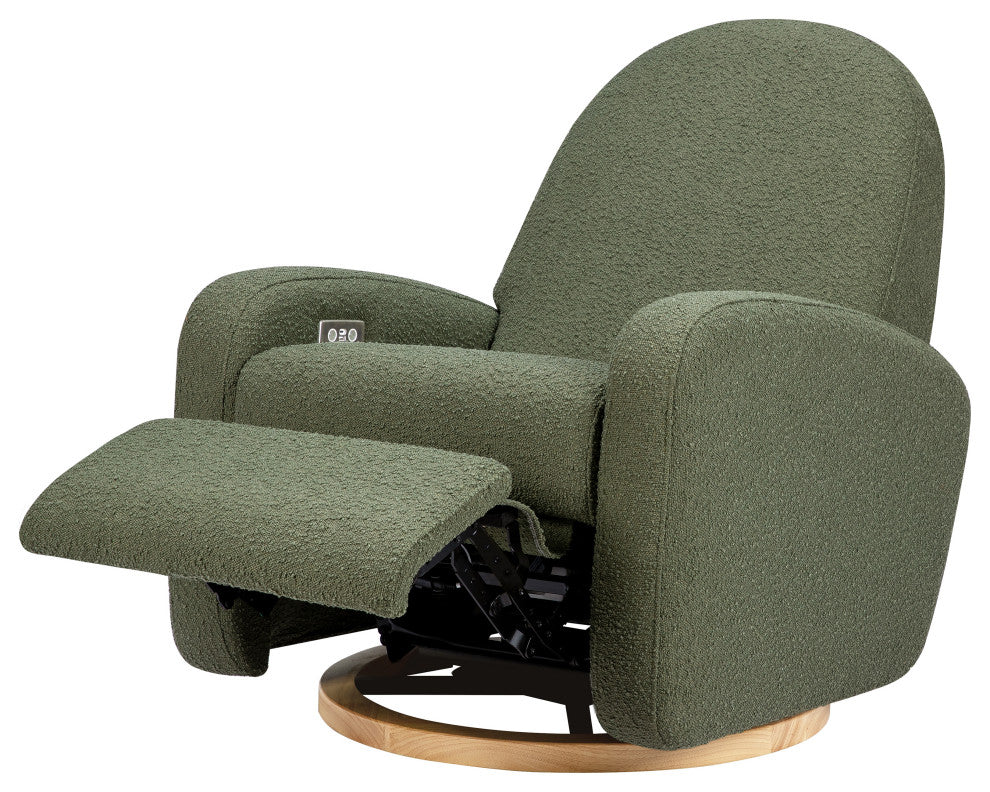 Nami Electronic Recliner and Swivel Glider Recliner, Boucle With USB port, Olive Boucle With Light Wood Base