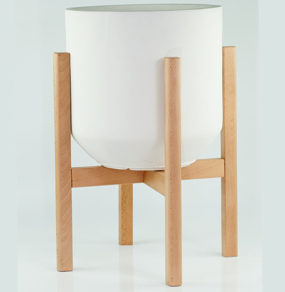 XX Large Fiber Clay Pot 16'' White With Wood Plant Stand Set Natural Color