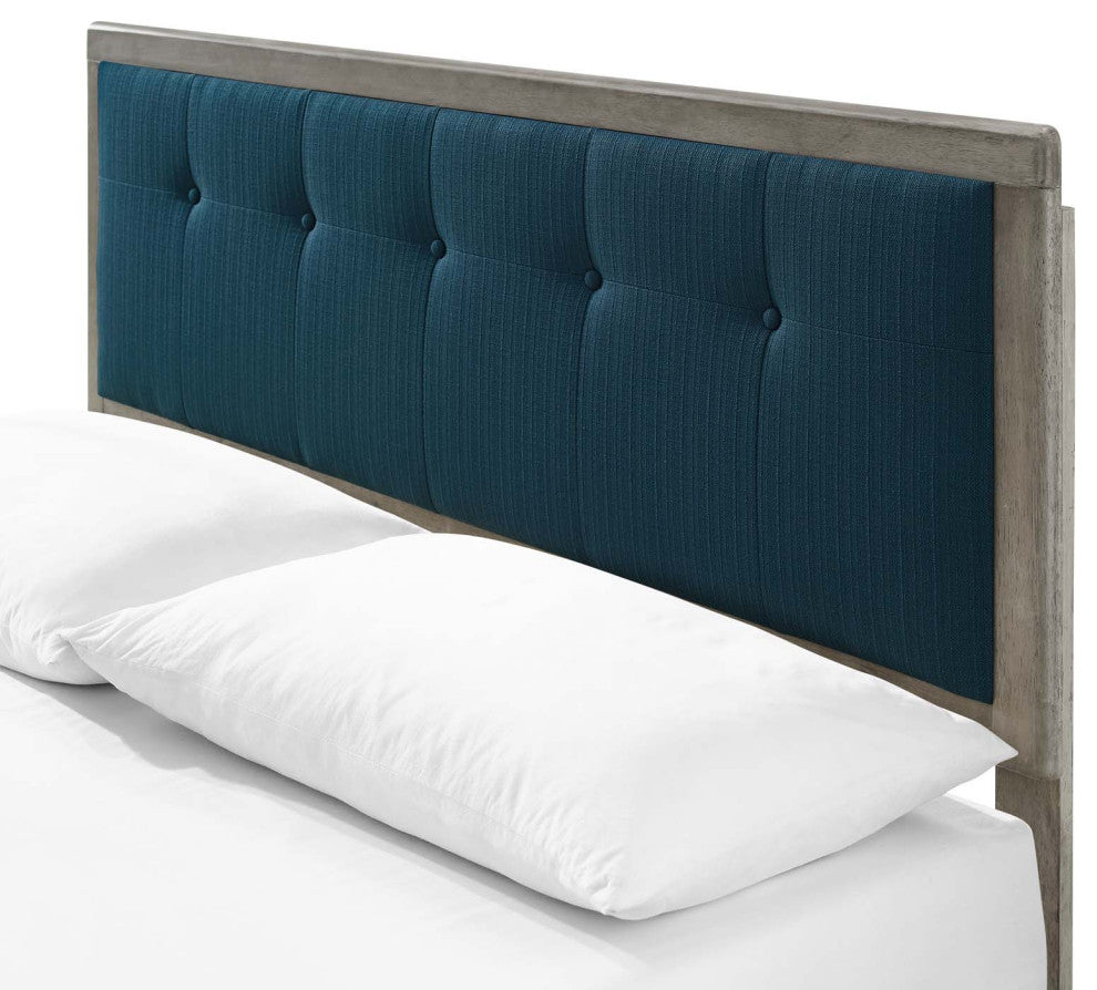 Platform Bed Frame, Queen Size, Fabric, Wood, Gray Navy Blue, Modern