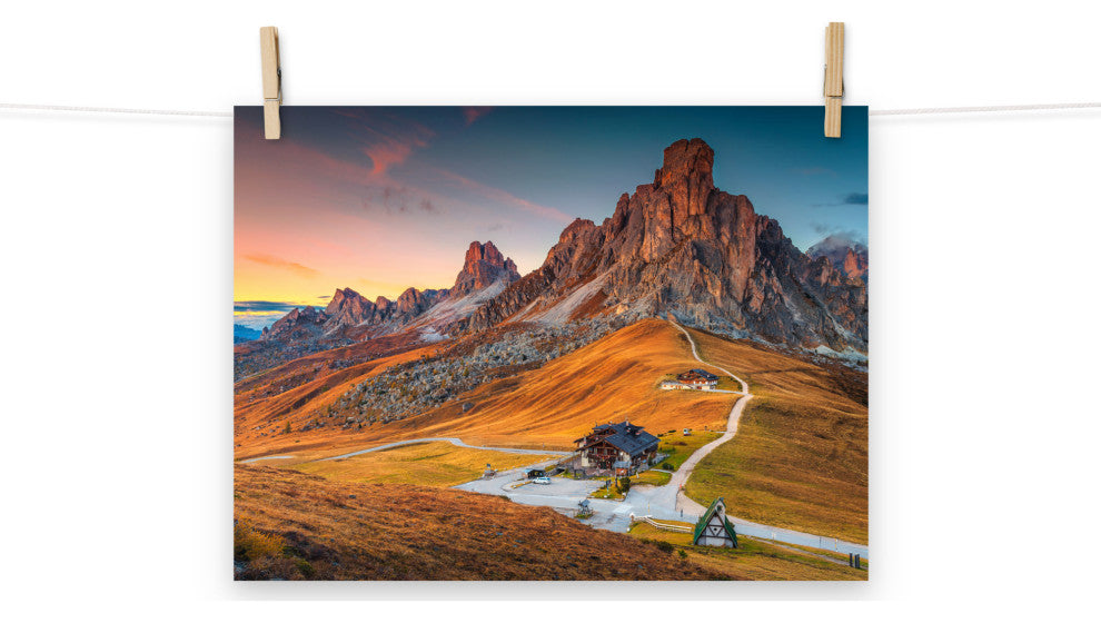Sunset at Alpine Mountain Pass Rural Landscape Photo Wall Art Print, 12" X 16"