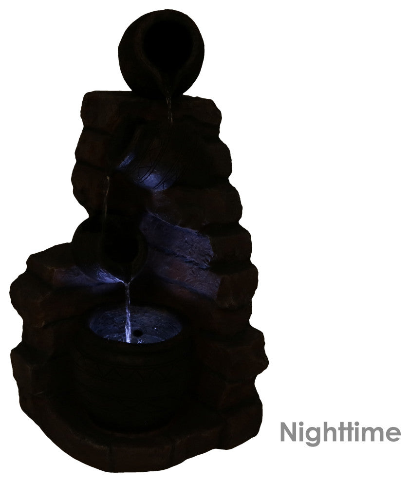Sunnydaze Crumbling Bricks and Pots Solar-on-Demand LED Fountain, 27"