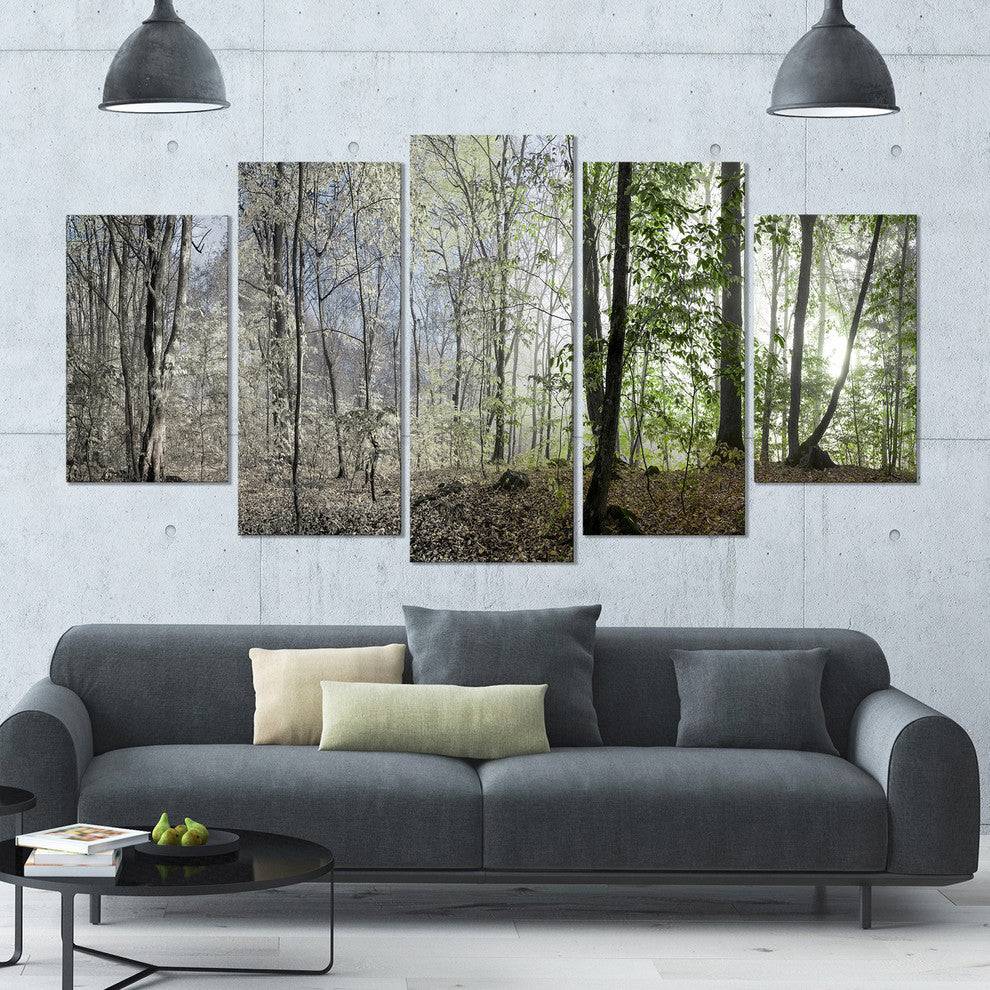 Green Morning in Forest Panorama, Landscape Canvas Art Print, 60"x32", 5 Panels
