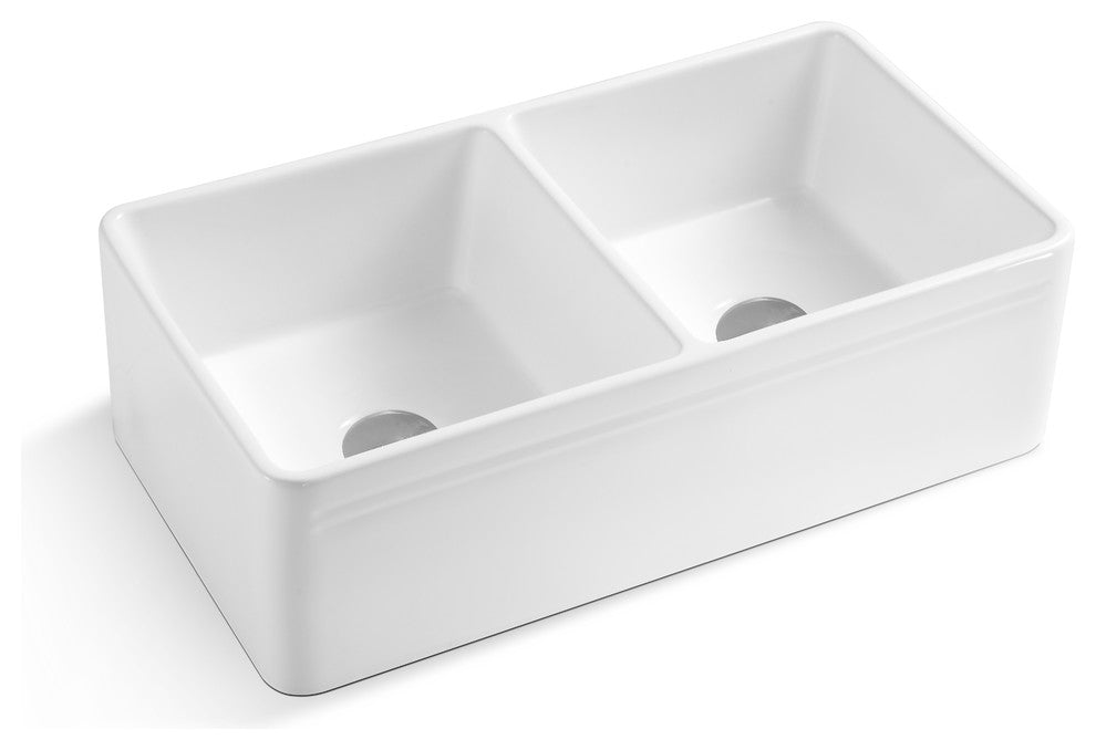 33" White Fireclay Double Basin Farmhouse Kitchen Sink-Reversible Design