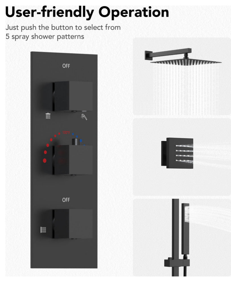 Thermostatic Shower Faucet 12" Rain Shower Head with Handheld Slide Bar System, Matte Black