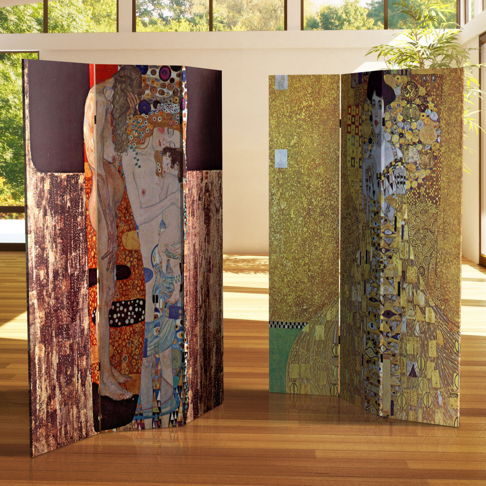 6' Double Sided Works of Klimt Room Divider, Block Bauer/Three Ages of Woman