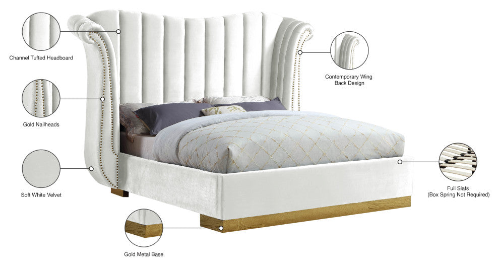 Flora Black Velvet Bed, White, Queen