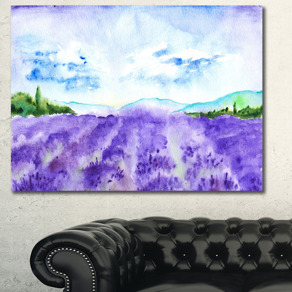 Blue Lavender Fields Watercolor, Landscape Canvas Art Print, 40"x30"