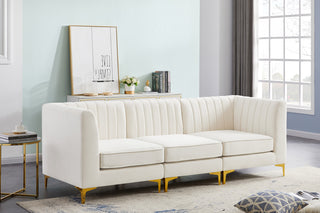 Alina Velvet Upholstered 3-Piece Modular Sofa, Cream