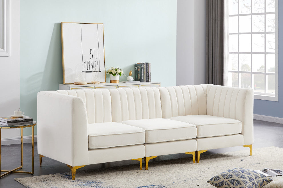Alina Velvet Upholstered 3-Piece Modular Sofa, Cream