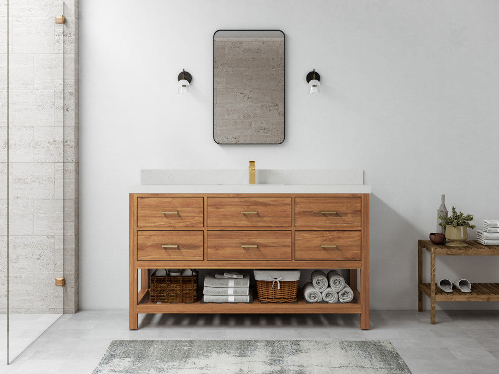 Parker 60 Single Sink Bathroom Vanity Dark Natural 2" Carrara Quartz