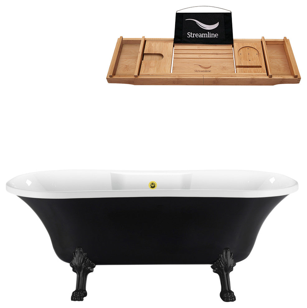 68" Black Clawfoot Tub and Tray, Black Feet, Gold External Drain