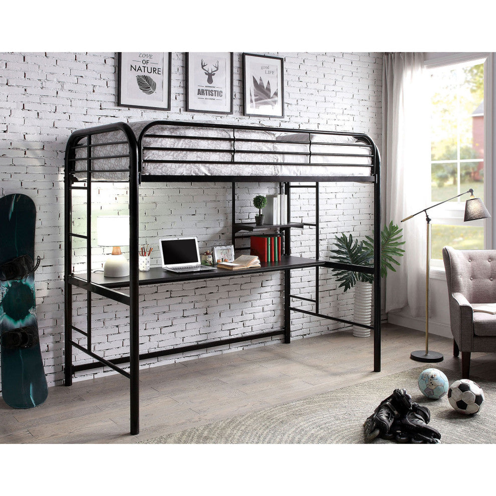 Metal Twin Loft Bed with Workstation, Black