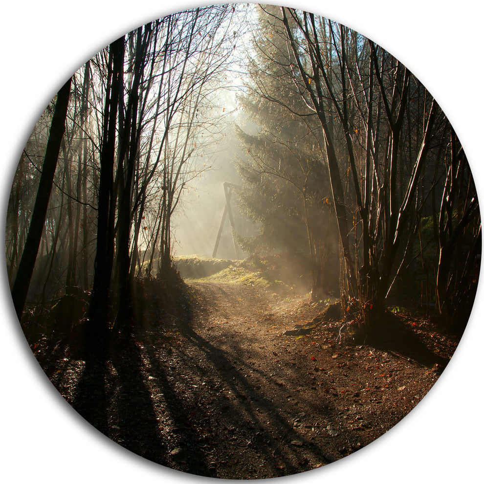 Dark Path In Fall Foggy Forest, Landscape Photo Round Wall Art, 11"