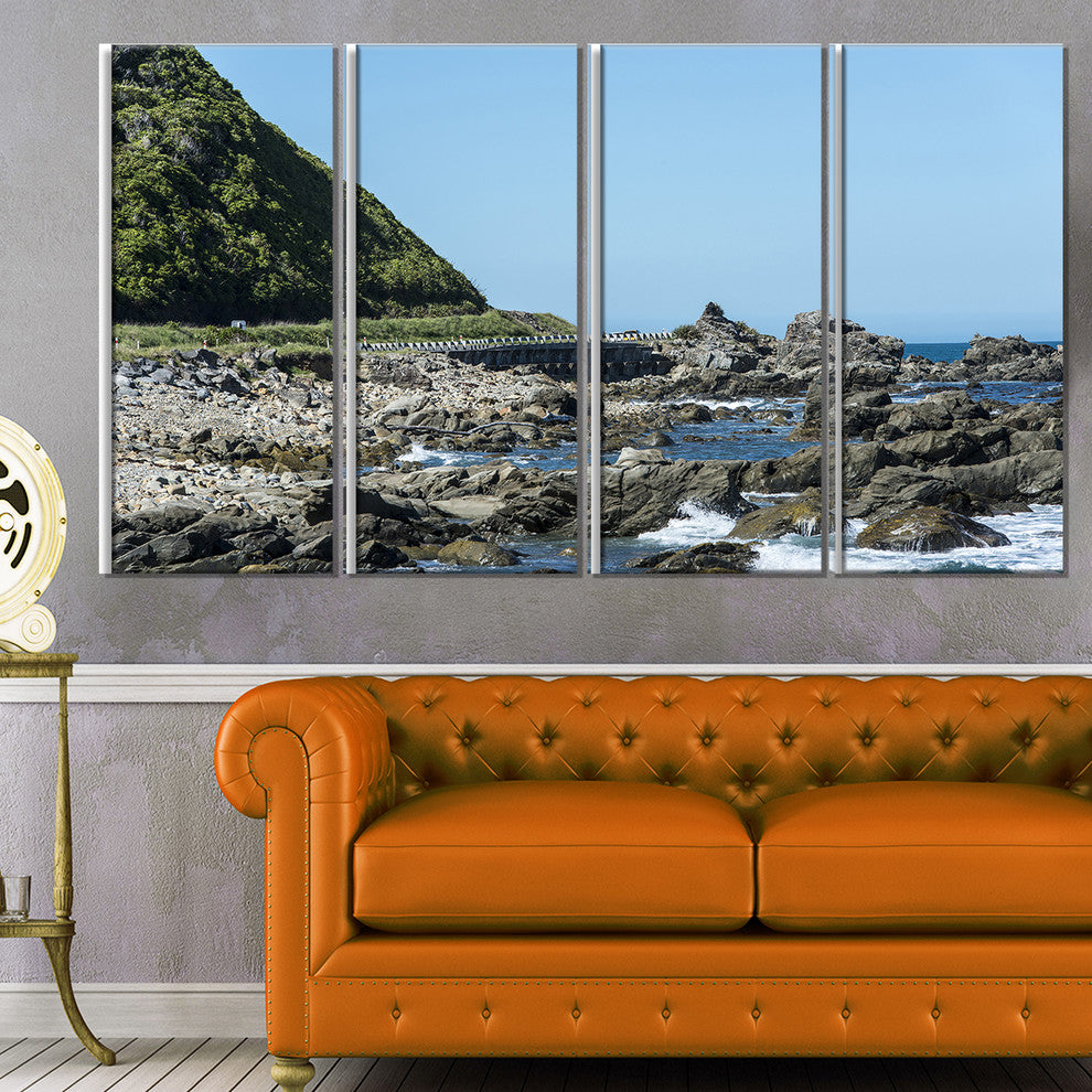 "Beautiful New Zealand Rocky Beach" Modern Seascape Wall Art, 4 Panels, 48"x28"