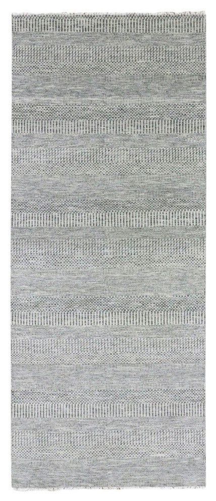 Metallic Gray Grass Design Undyed Wool Hand Knotted Wide Runner Rug 4'1"x12'1"