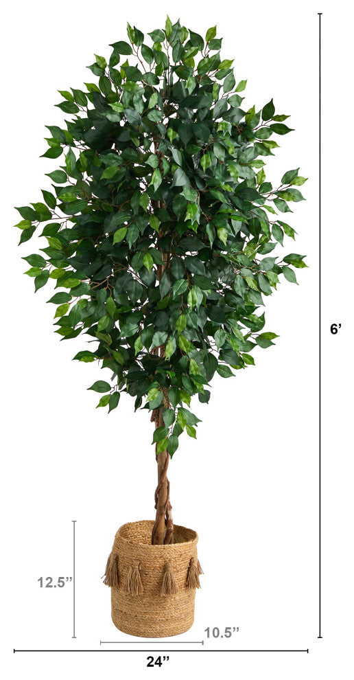 6' Ficus Artificial Tree With Natural Trunk in Natural Jute Planter With Tassels
