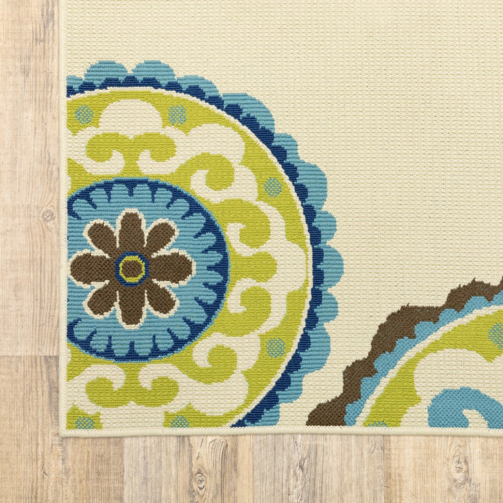 7' X 10' Ivory Indigo And Lime Medallion Disc Indoor Outdoor Area Rug
