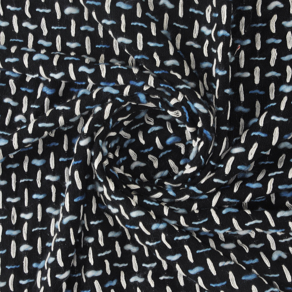 Modern Interwoven Throw Blanket with Fringe, Black/Blue/White