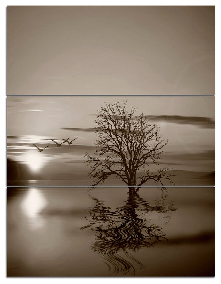 "Flying Birds and Lonely Tree" Metal Landscape, 3 Panels, 28"x36"
