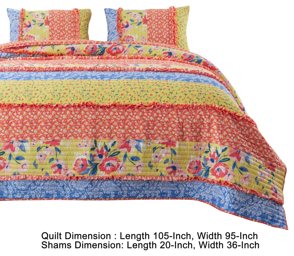 Benzara BM280446 Microfiber King Quilt Set, Bohemian Floral Pattern, Multicolor